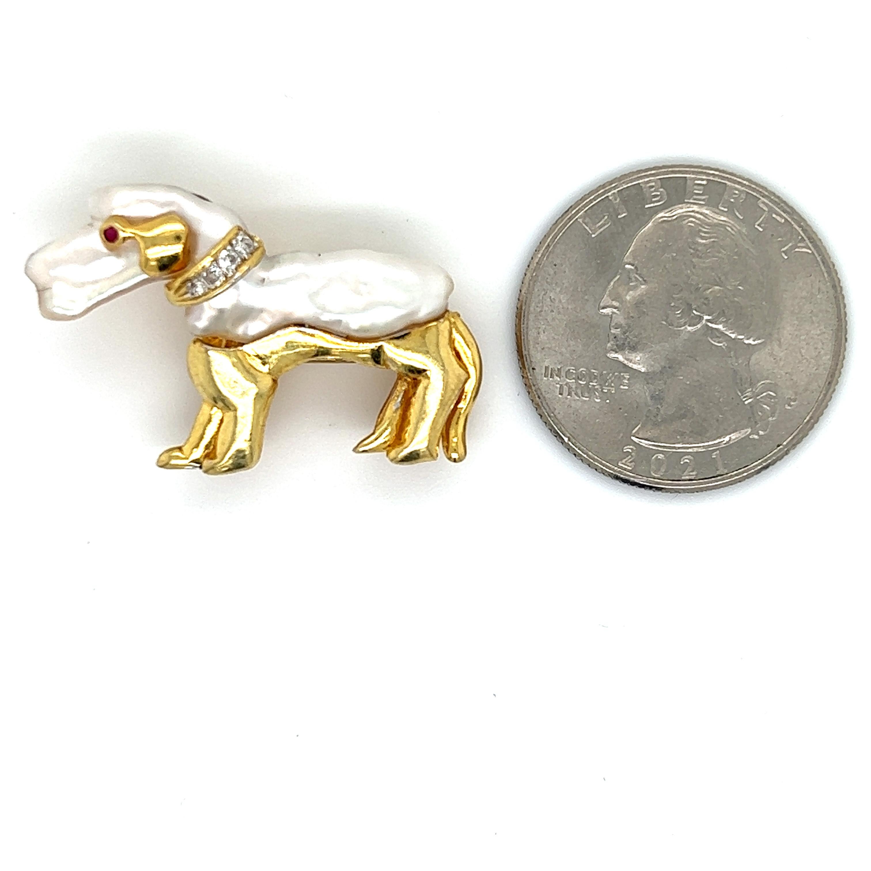 Diamond Ruby & Pearl Dachshund Dog Brooch Pendant 14k Yellow Gold In Excellent Condition For Sale In MIAMI, FL