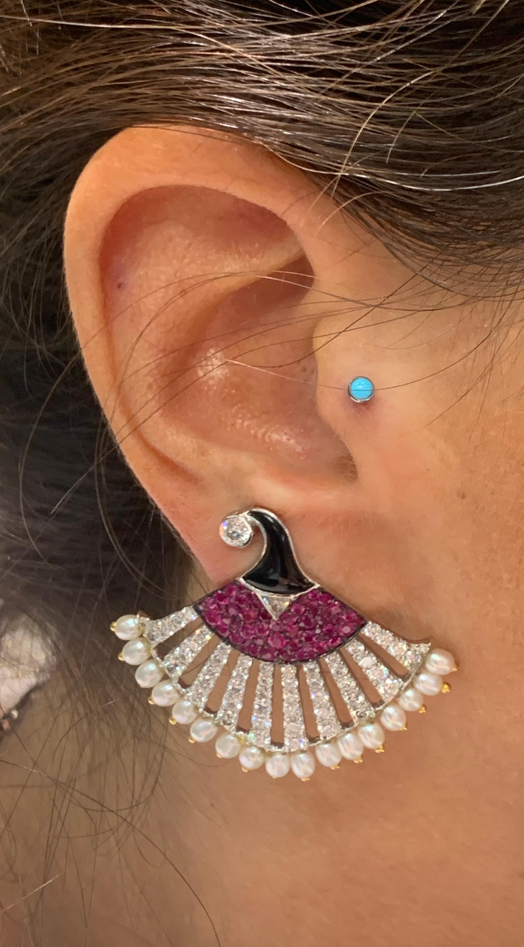 Women's Diamond Ruby and Pearl Egyptian Revival Earrings