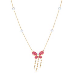 Diamond Ruby and Pearl Statement Necklace in 14 Karat Yellow Gold