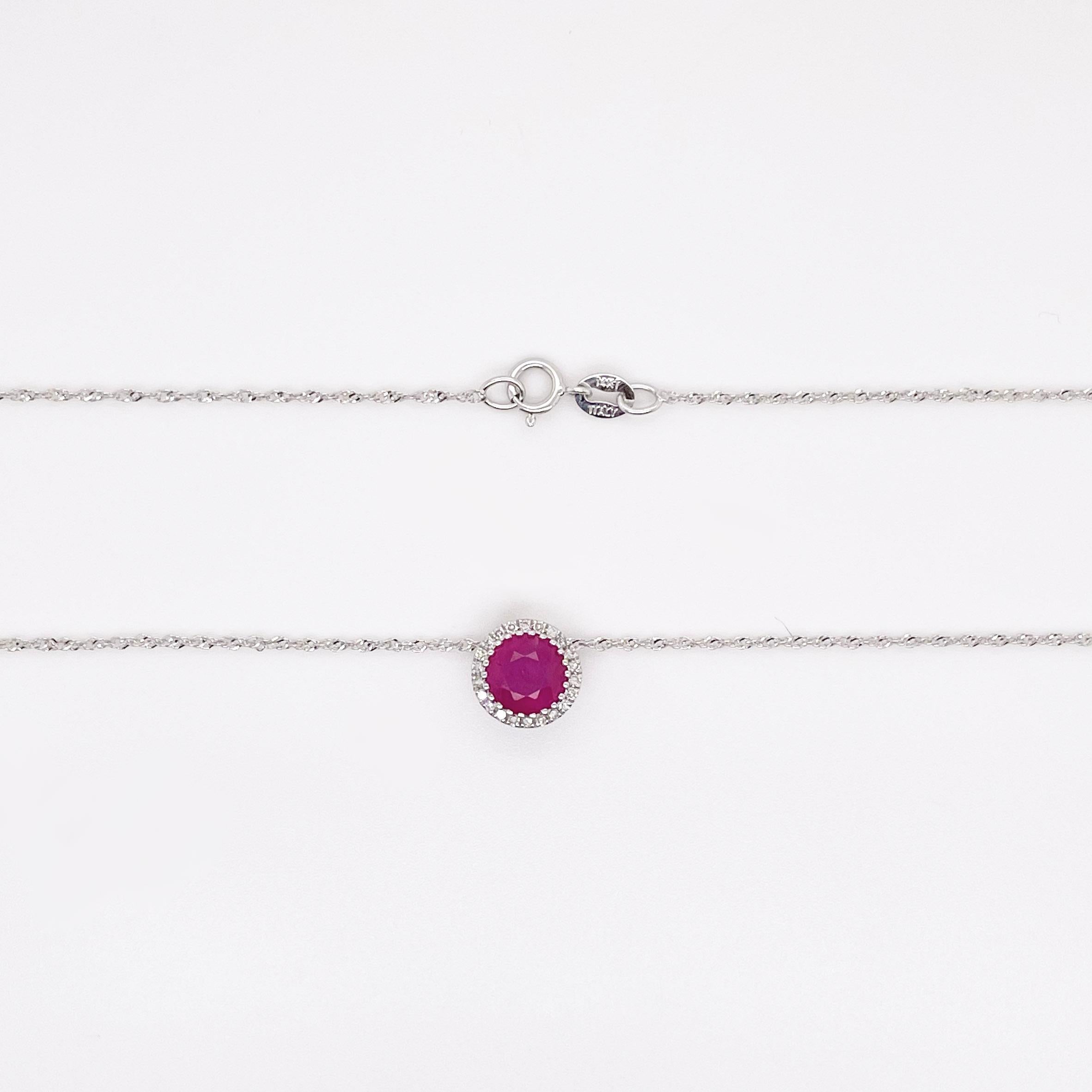 Contemporary Diamond Ruby Pendant Necklace, White Gold, Round Ruby and Diamond Halo