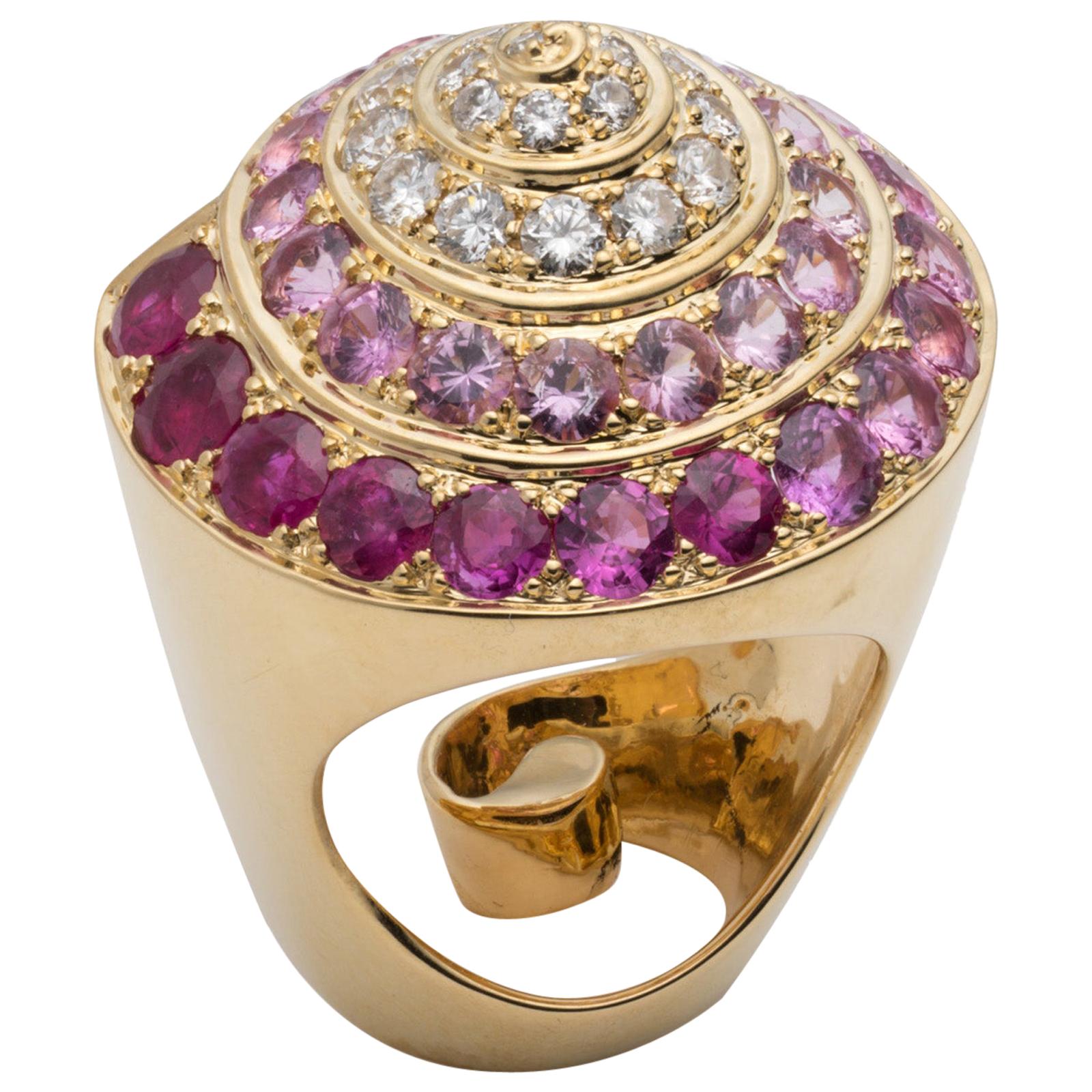 Diamond, Ruby, Pink Sapphire and 18 Karat Gold Shell Ring For Sale
