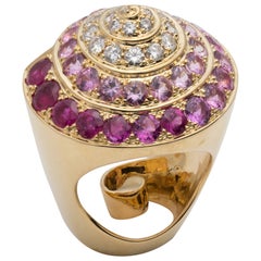 Diamond, Ruby, Pink Sapphire and 18 Karat Gold Shell Ring