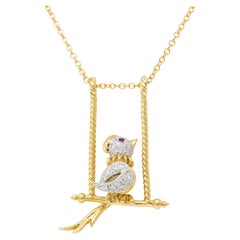 Diamond Ruby Platinum 18 Karat Yellow Gold Bird-On-A-Swing Pendant Necklace