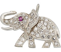 Adorable Platinum 0.25 ct Diamond Elephant Charm with Ruby Eye