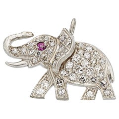 Adorable Platinum 0.25 ct Diamond Elephant Charm with Ruby Eye