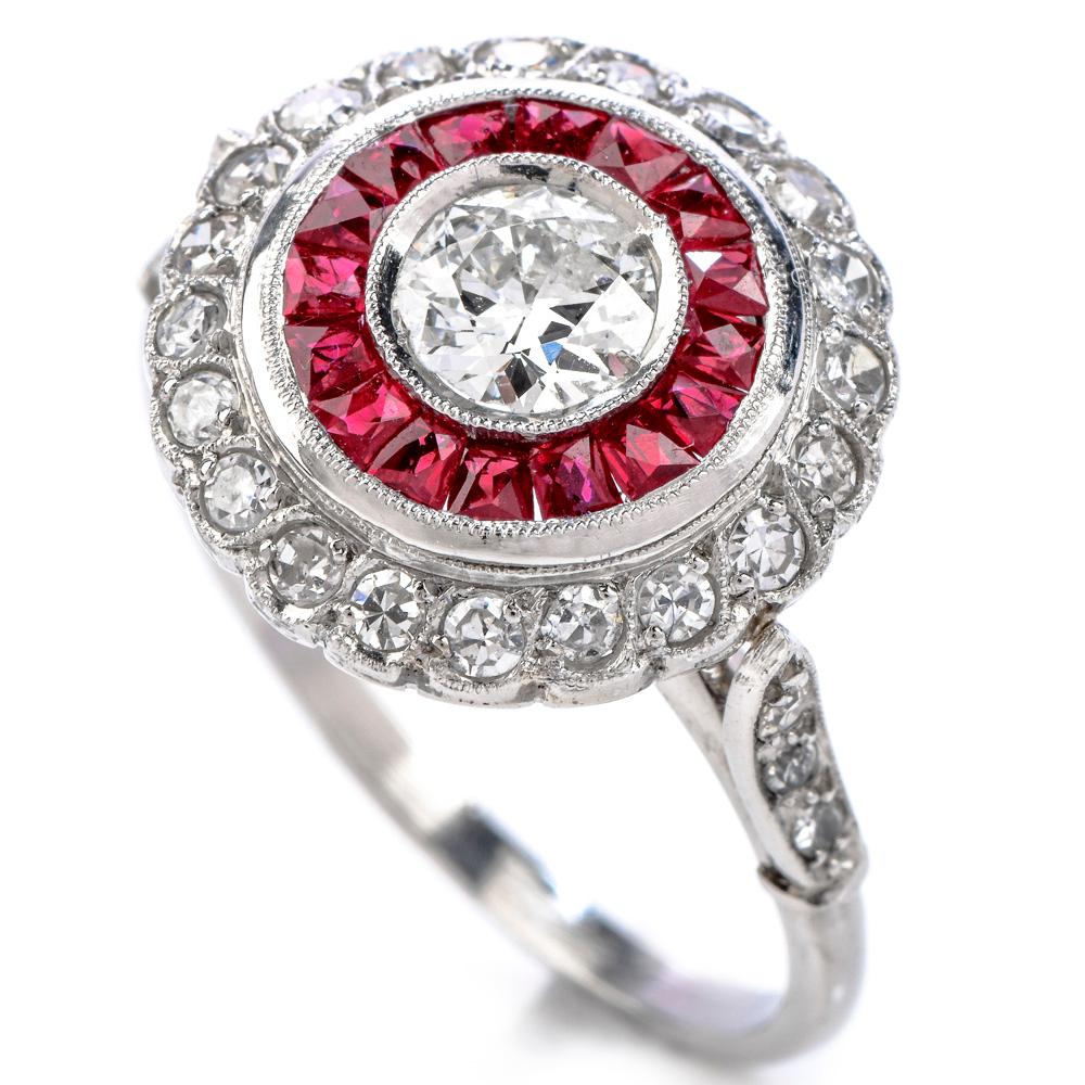 A striking contrast the Rubies bring to this art deco style cocktail Engagement ring.

Adorning the center of this visionary design, is one round

European diamond weighing approx. 0.50 carats, G-H color VS1 Clarity

Creating the inner halo are 16