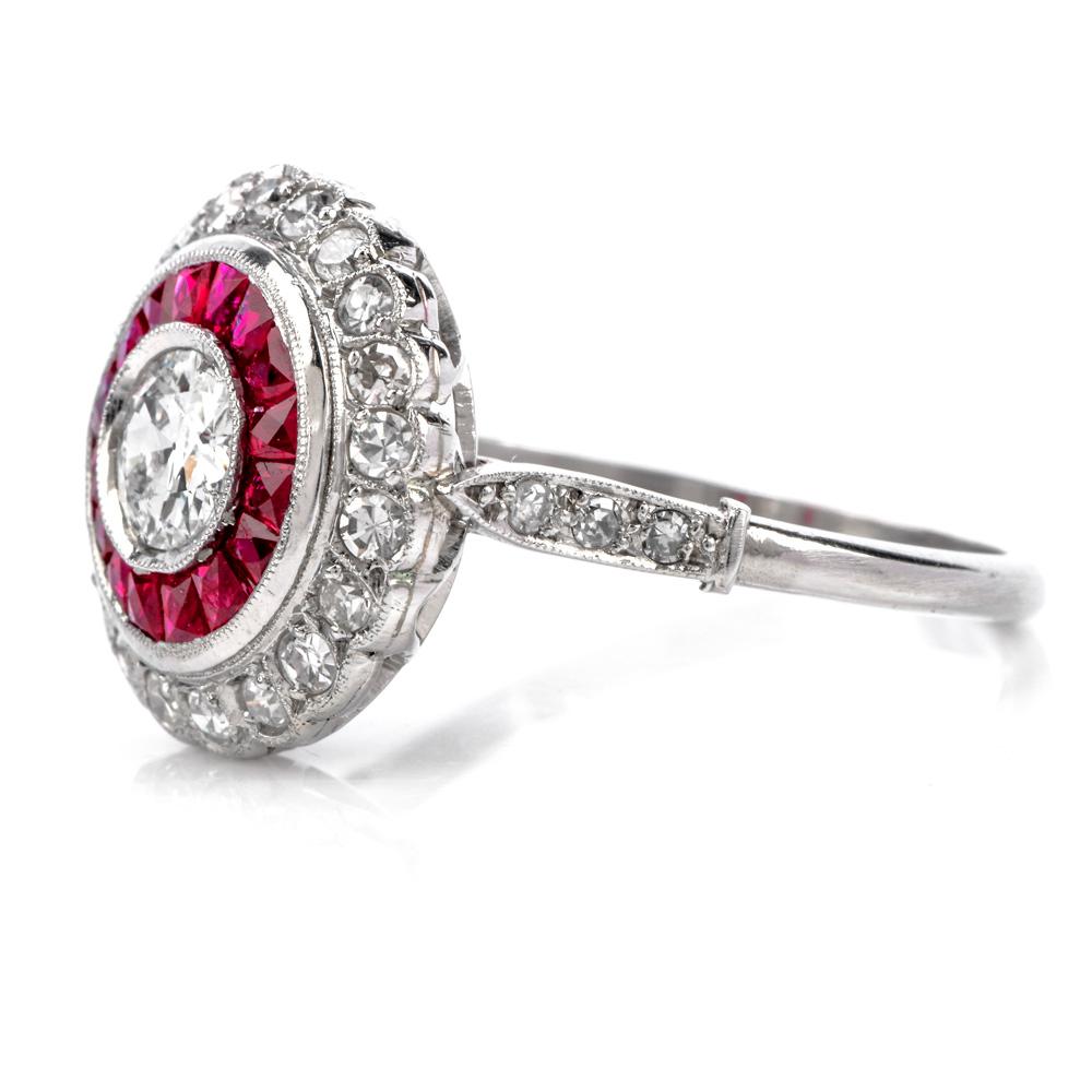 Art Deco Diamond Ruby Platinum Cocktail Engagement Ring