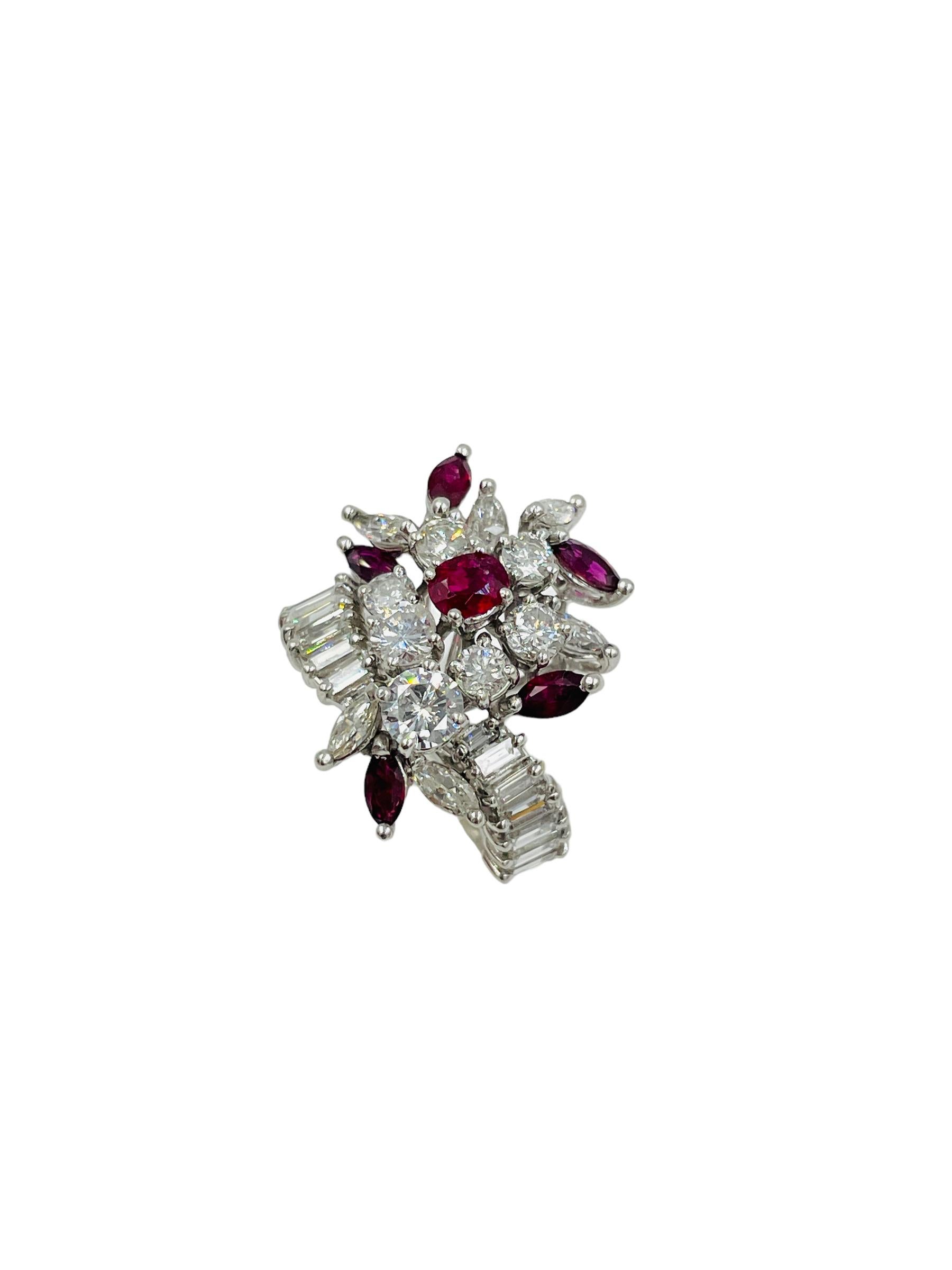Diamond Ruby Platinum Cocktail Ring For Sale 4