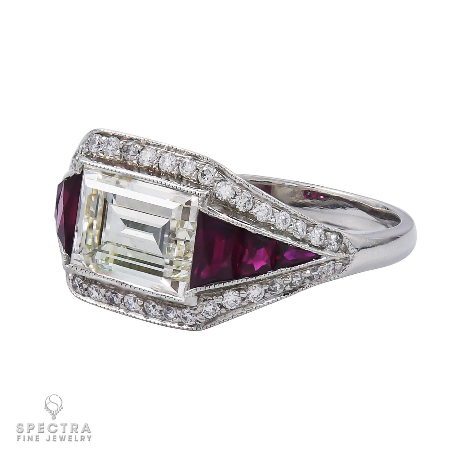 Emerald Cut Diamond Ruby Platinum Cocktail Ring For Sale
