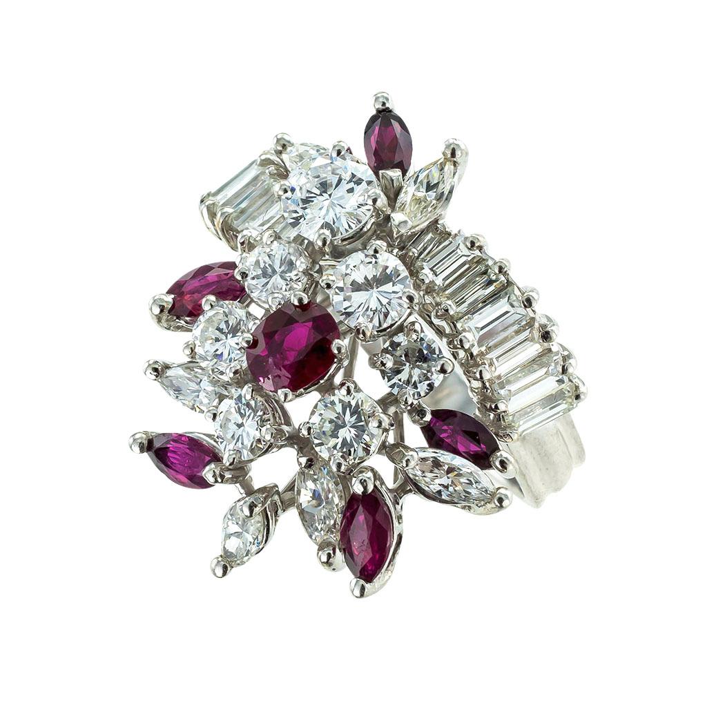 Mixed Cut Diamond Ruby Platinum Cocktail Ring For Sale