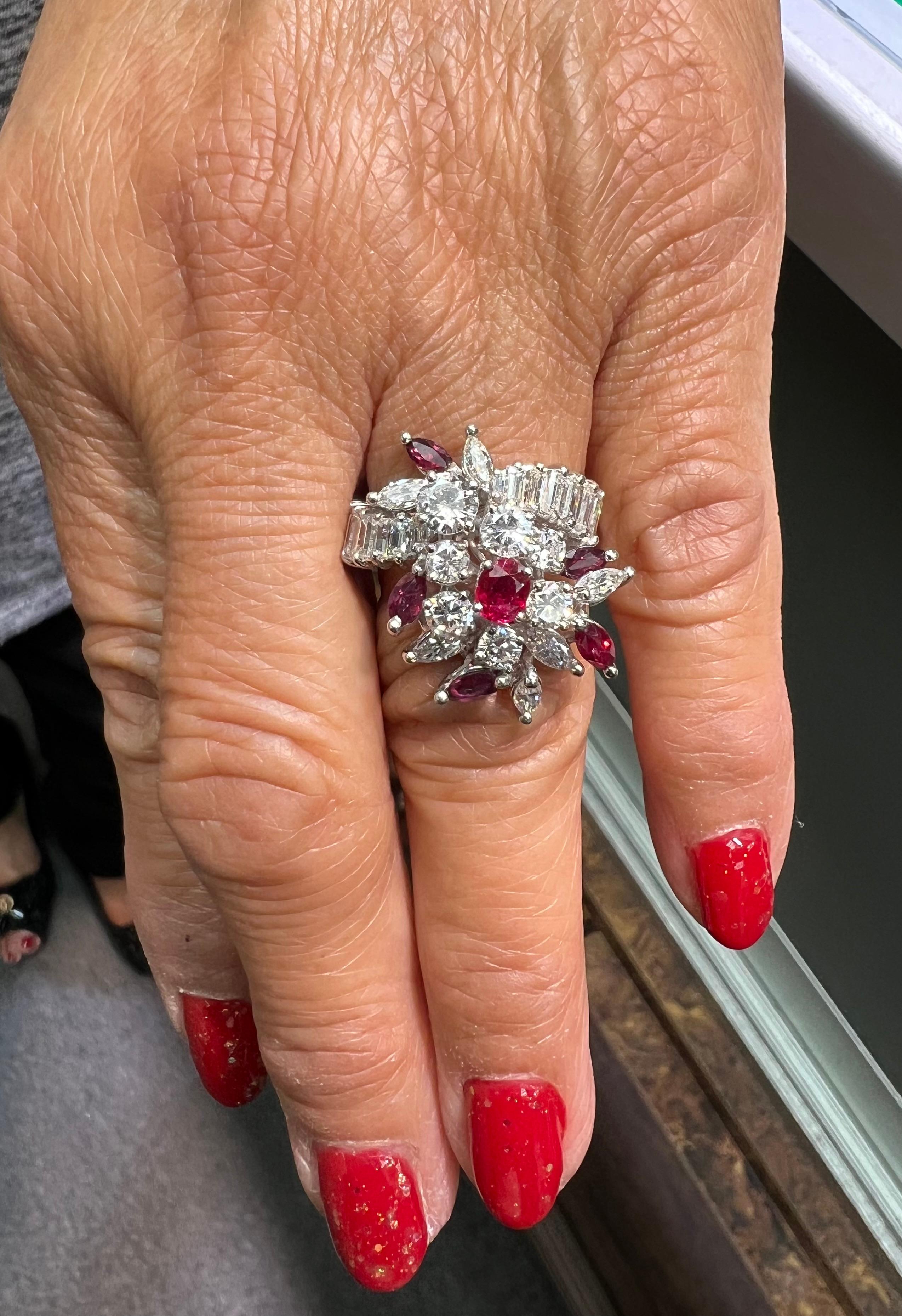 Diamond Ruby Platinum Cocktail Ring For Sale 2