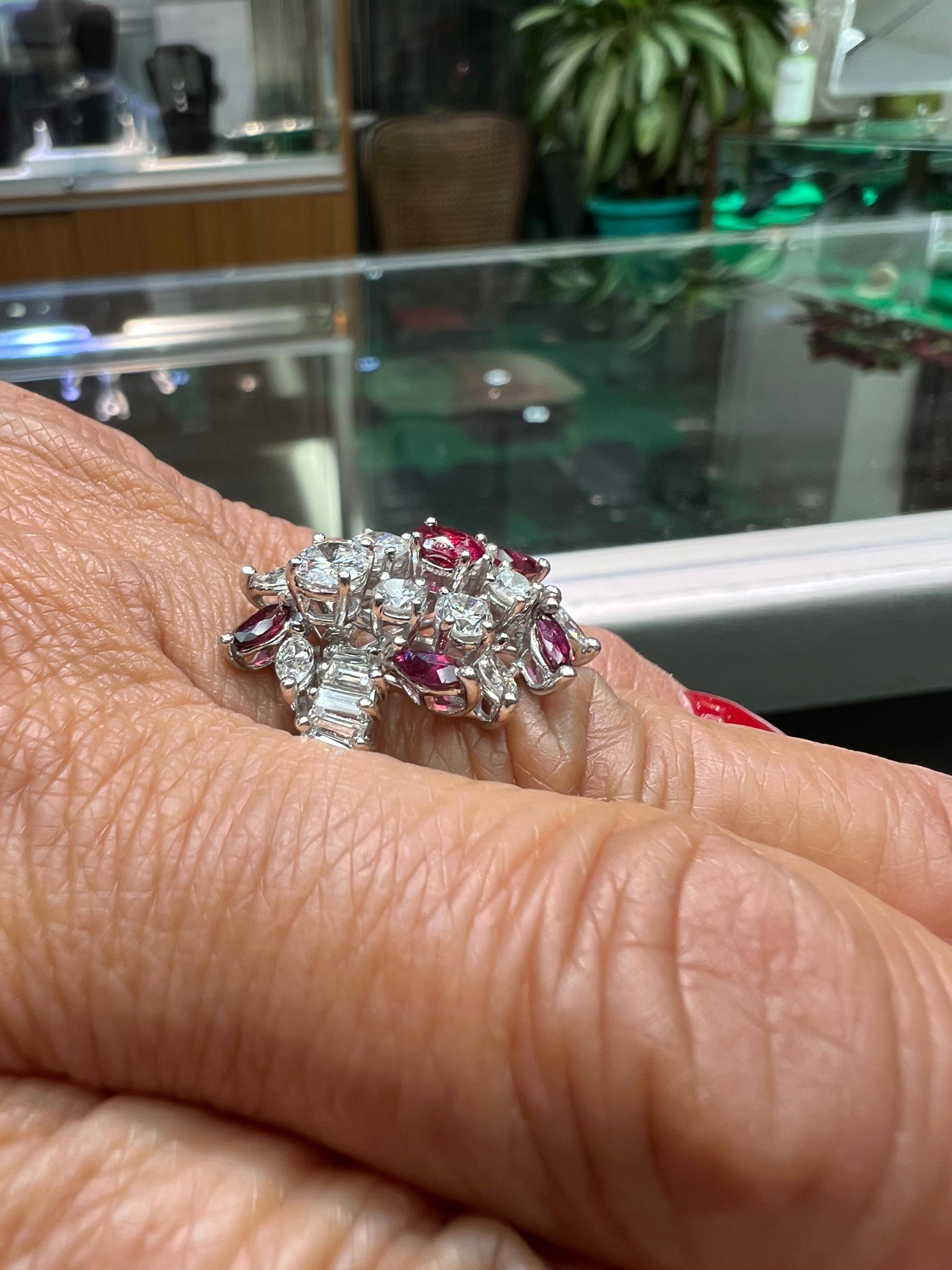 Diamond Ruby Platinum Cocktail Ring For Sale 3