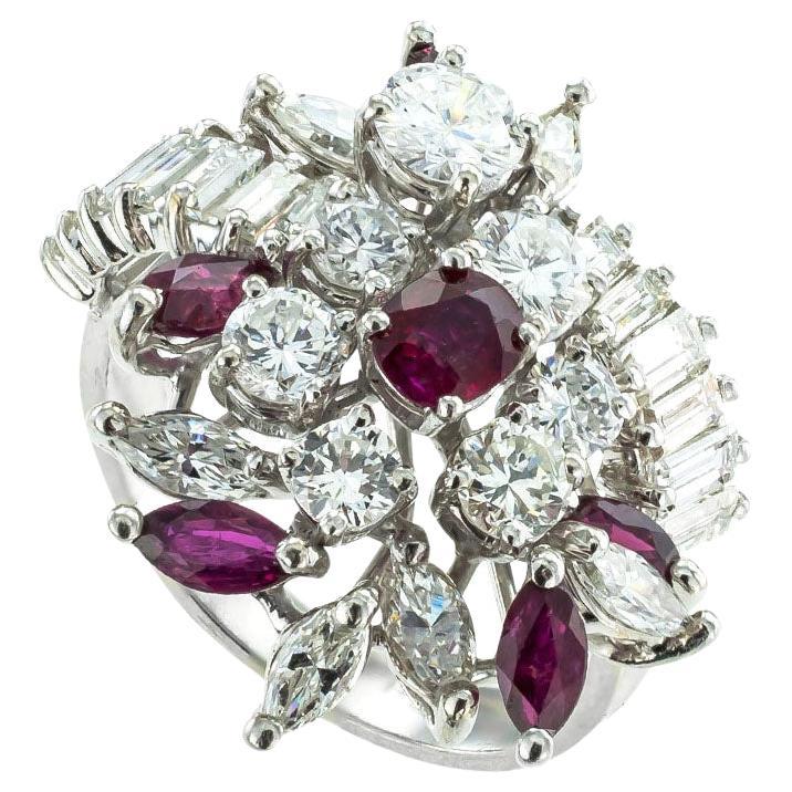 Diamond Ruby Platinum Cocktail Ring For Sale