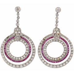 Diamond Ruby Platinum Dangle Earrings, Art Deco 1910s