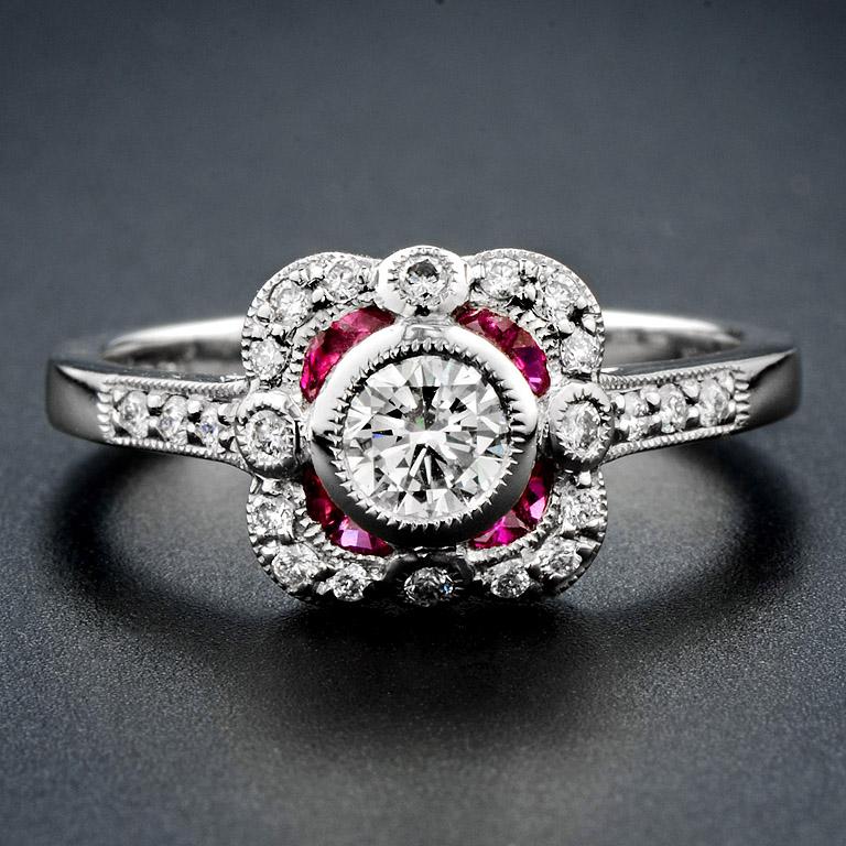 **Art Deco Style Engagement Ring**

Total weight of Diamond = 0.60 Carat
Total weight of Ruby = $ 0.30 Carat
* Cutting in French Cut style

The ring was made in Platinum 950 size US.#7

* If you would like to have different color stones, please