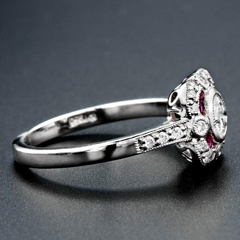 Round Cut Diamond Ruby Platinum Engagement Ring