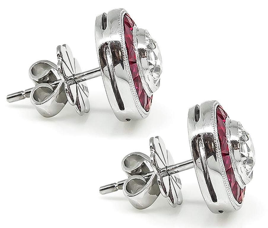 Diamond Ruby Platinum Halo Earrings In Good Condition In New York, NY