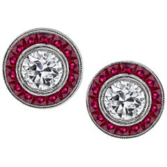 Vintage Diamond Ruby Platinum Halo Earrings