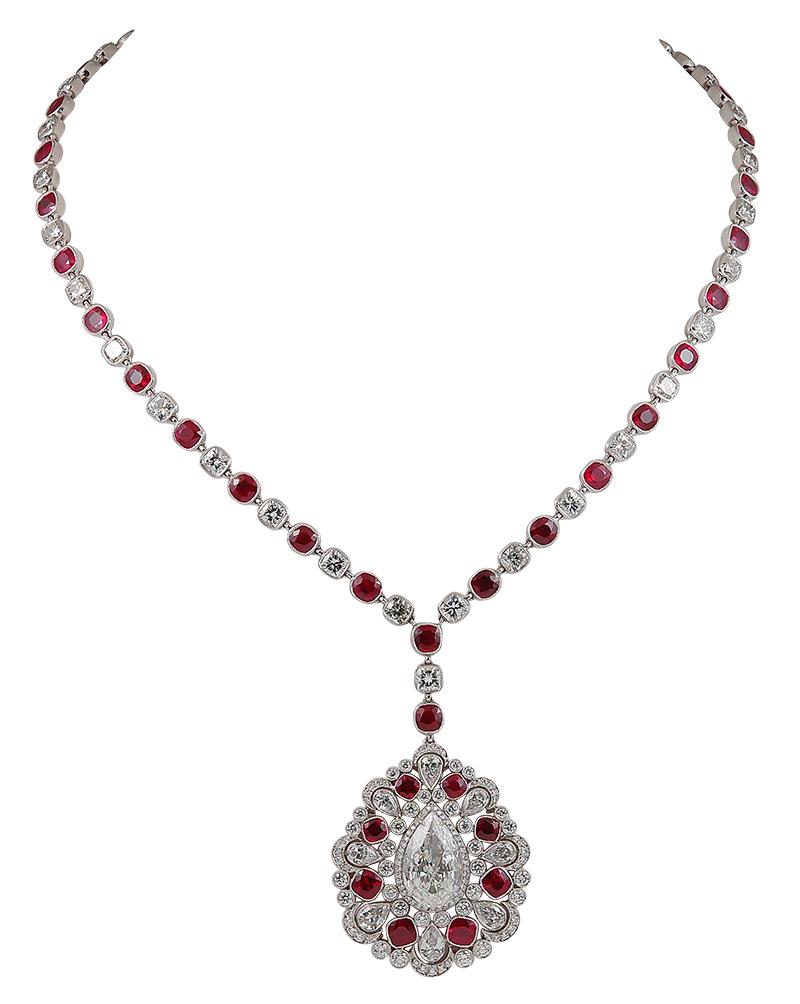Round Cut Diamond Ruby Platinum Long Necklace For Sale