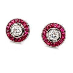 Diamond Ruby Platinum Round Cut Bezel Halo Stud Earrings