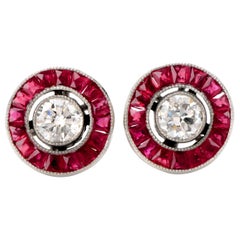 Diamond Ruby Platinum Round Cut Bezel Halo Stud Earrings