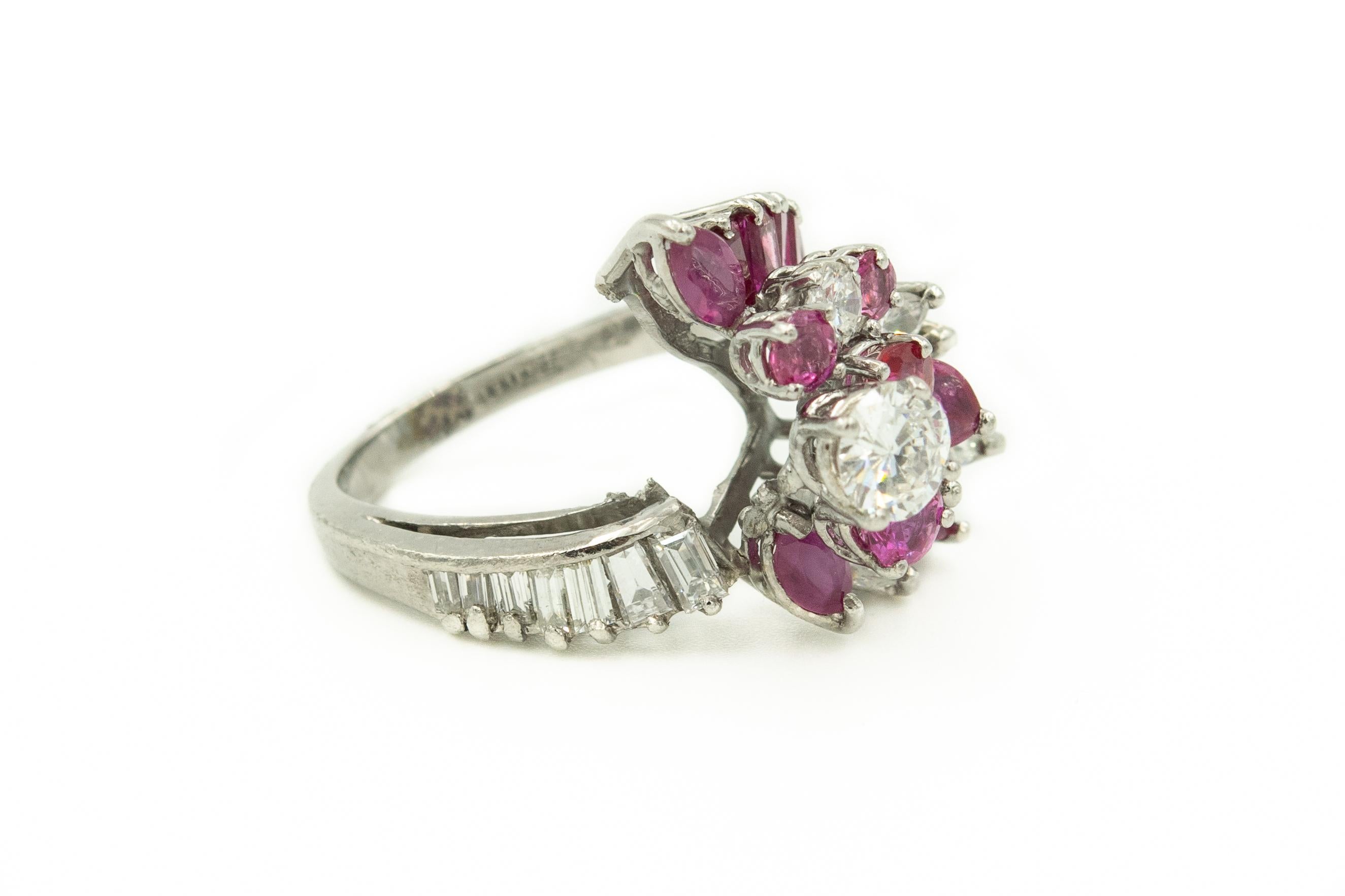 Women's Diamond Ruby Platinum Starburst Comet Bypass Cluster Cocktail Ring For Sale
