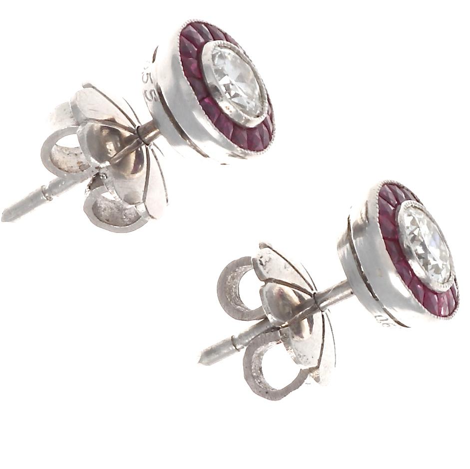 Old European Cut Diamond Ruby Platinum Stud Earrings