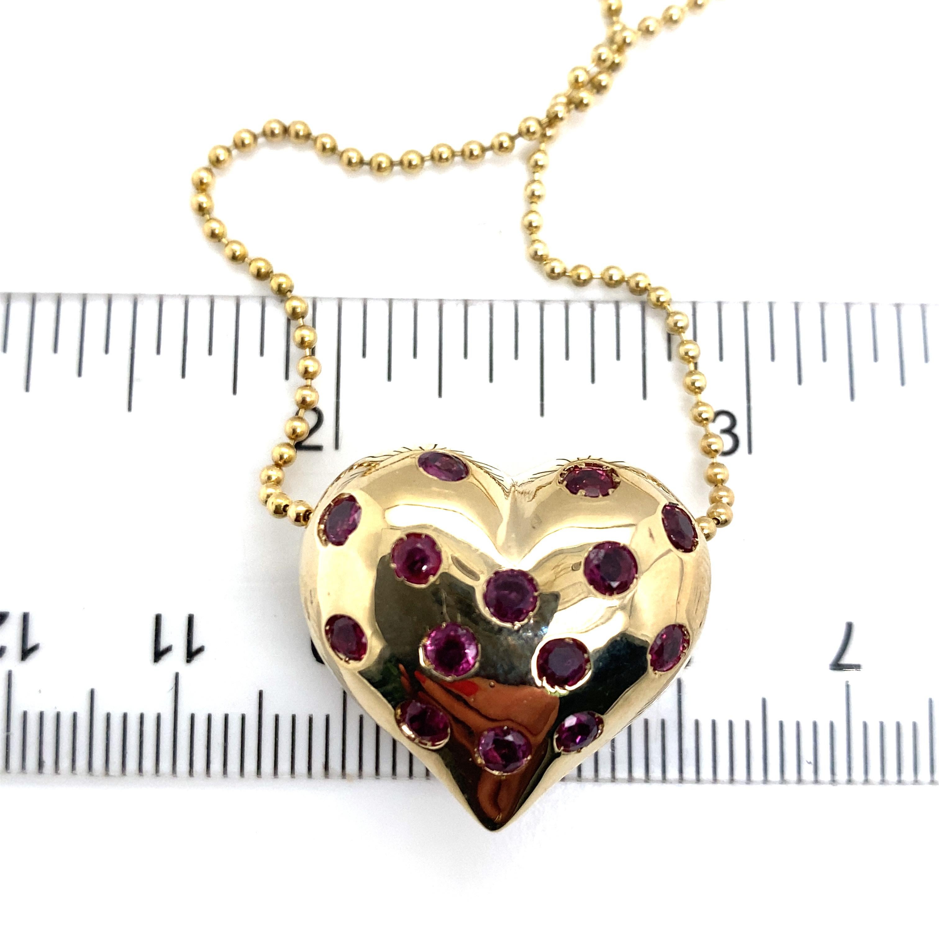 Diamond Ruby Puff Heart Pendant Necklace in 12k and 14k Yellow Gold In Good Condition In Boca Raton, FL