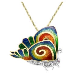 Diamond, Ruby, & Enamel 18 Karat Yellow & White Gold Butterfly Brooch Pendant