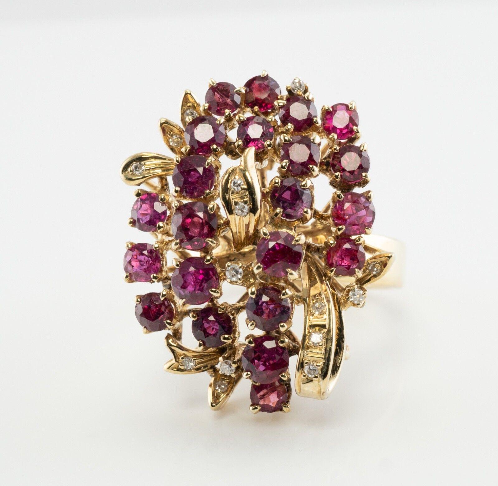 Diamond Ruby Ring 14K Gold Cocktail Vintage

This beautiful vintage ring is finely crafted in solid 14K Yellow gold and it is also numbered inside of the shank. Twenty-two genuine Earth mined Rubies measure from 2mm to 3mm, they are high-quality