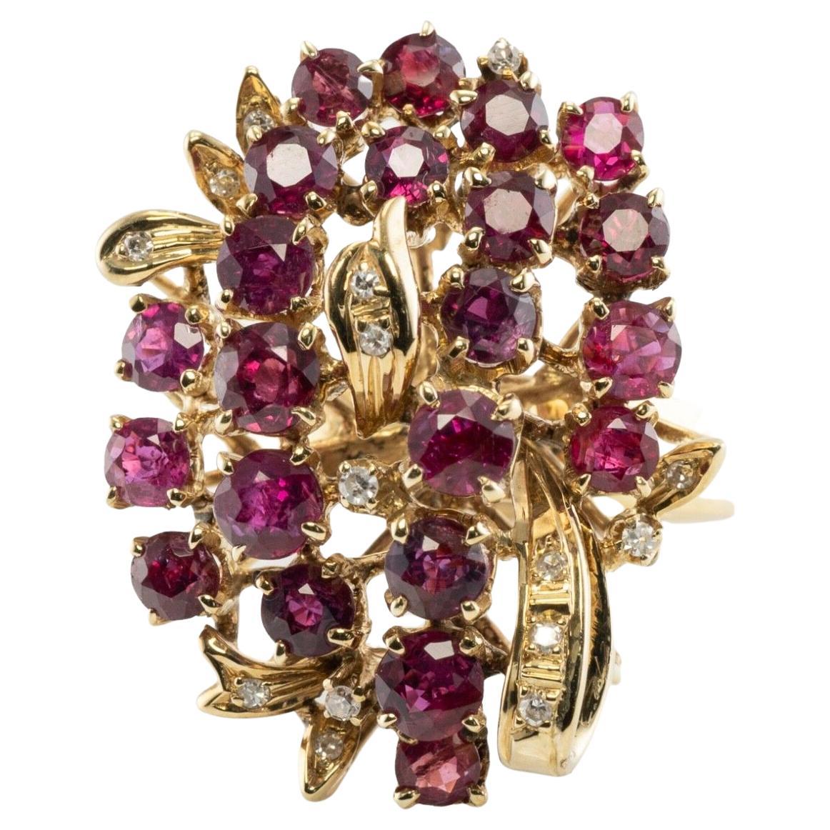 Diamond Ruby Ring 14K Gold Cocktail Vintage For Sale
