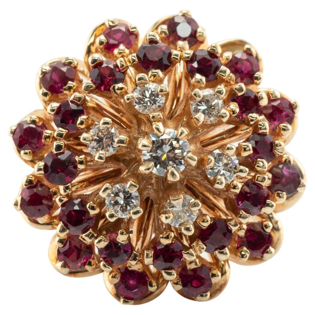 Anillo Diamante Rubí Oro 14K Racimo Cóctel Vintage