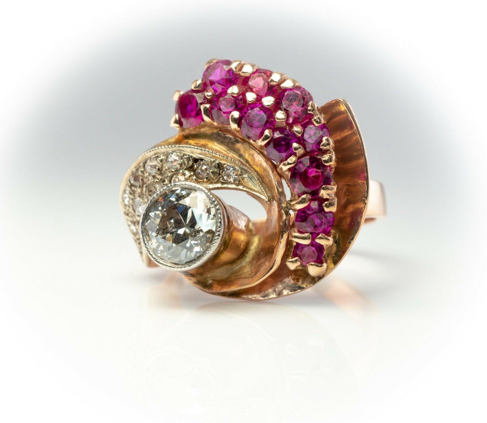 Bague cocktail rétro en or rose 14 carats avec diamants et rubis en forme de spirale, taille vieille mine en vente 4
