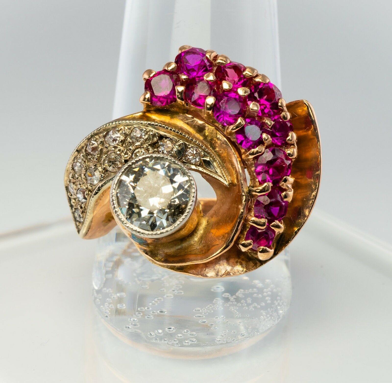 Old Mine Cut Diamond Ruby Ring 14K Rose Gold Spiral Cocktail Retro Old Mine cut For Sale