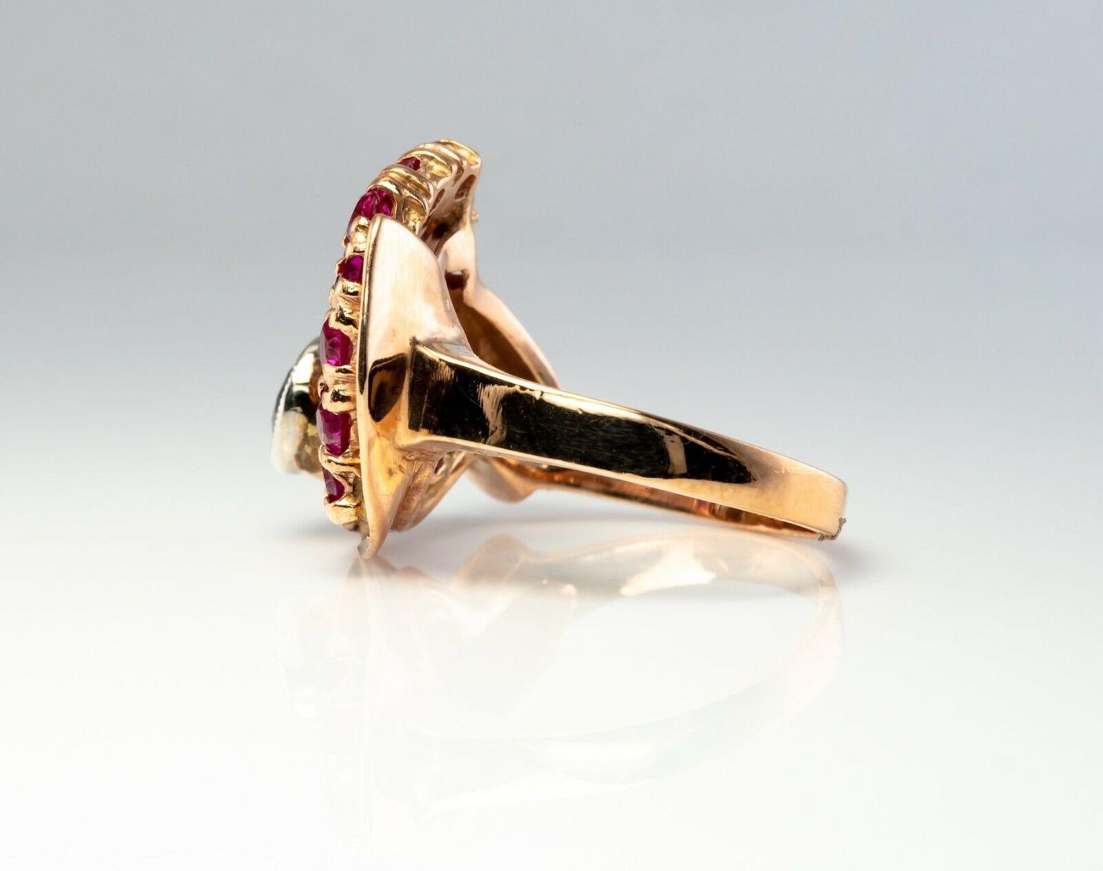 Diamond Ruby Ring 14K Rose Gold Spiral Cocktail Retro Old Mine cut In Good Condition For Sale In East Brunswick, NJ