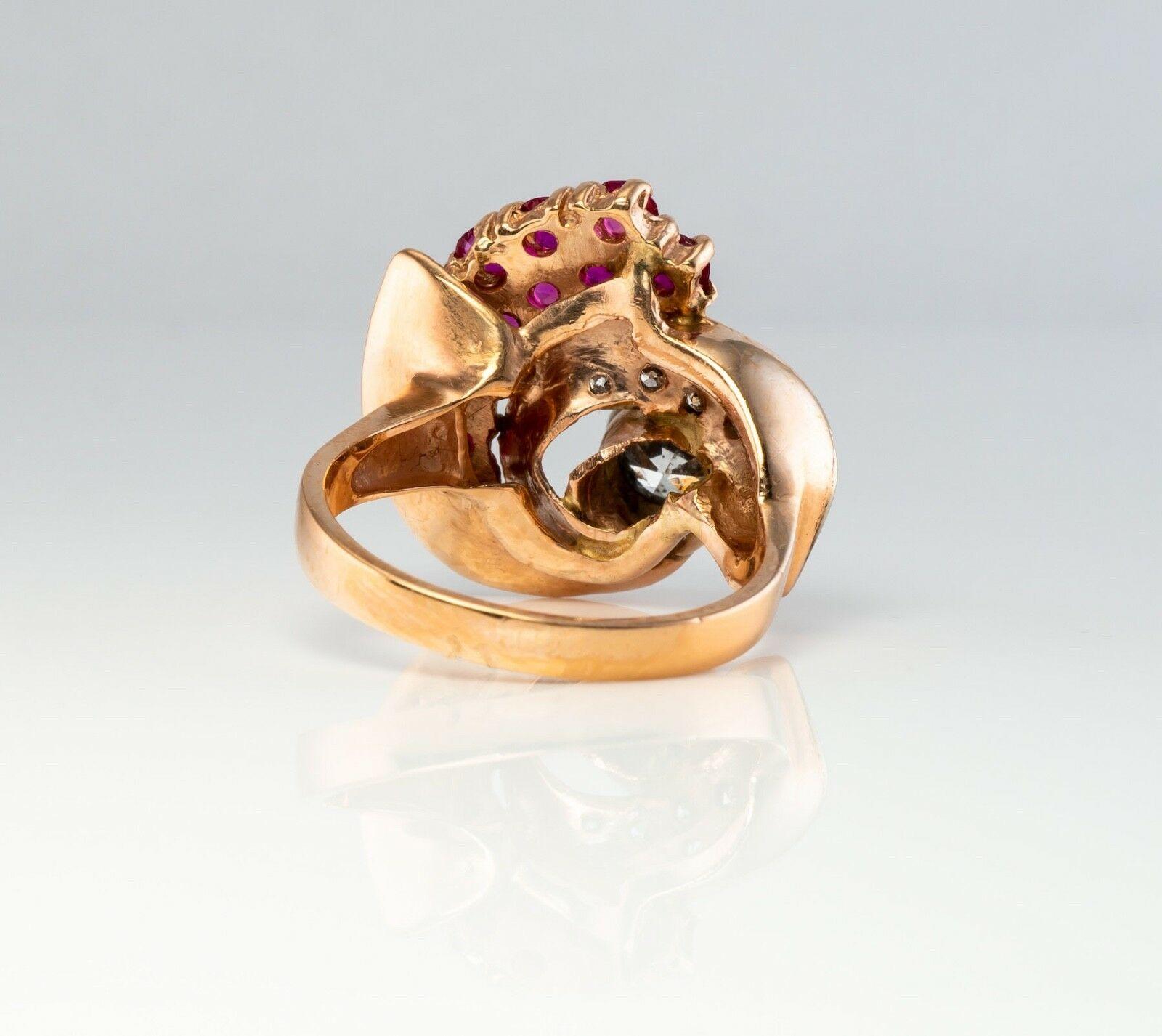 Bague cocktail rétro en or rose 14 carats avec diamants et rubis en forme de spirale, taille vieille mine Pour femmes en vente