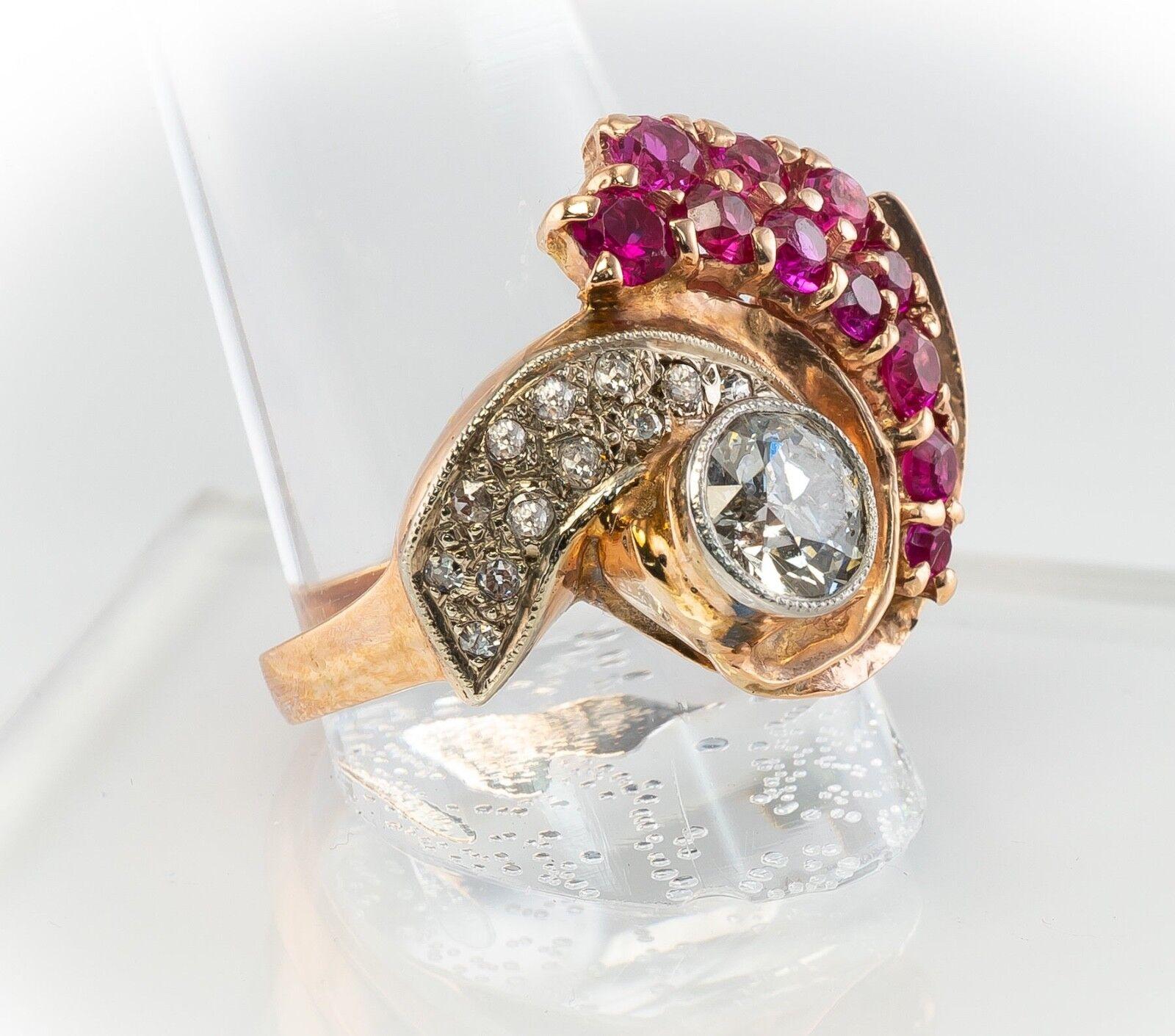 Diamond Ruby Ring 14K Rose Gold Spiral Cocktail Retro Old Mine cut For Sale 1