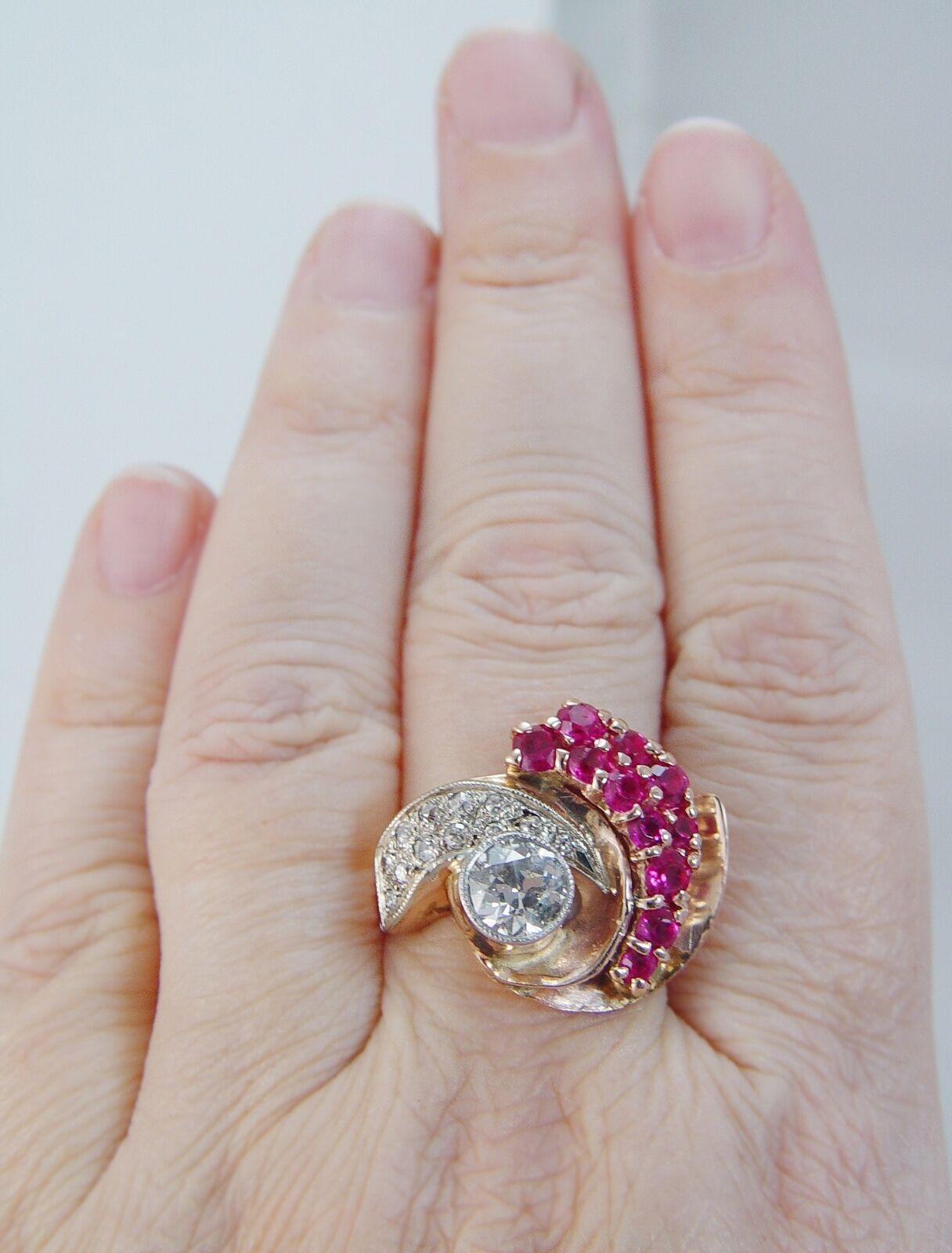 Diamond Ruby Ring 14K Rose Gold Spiral Cocktail Retro Old Mine cut For Sale 2