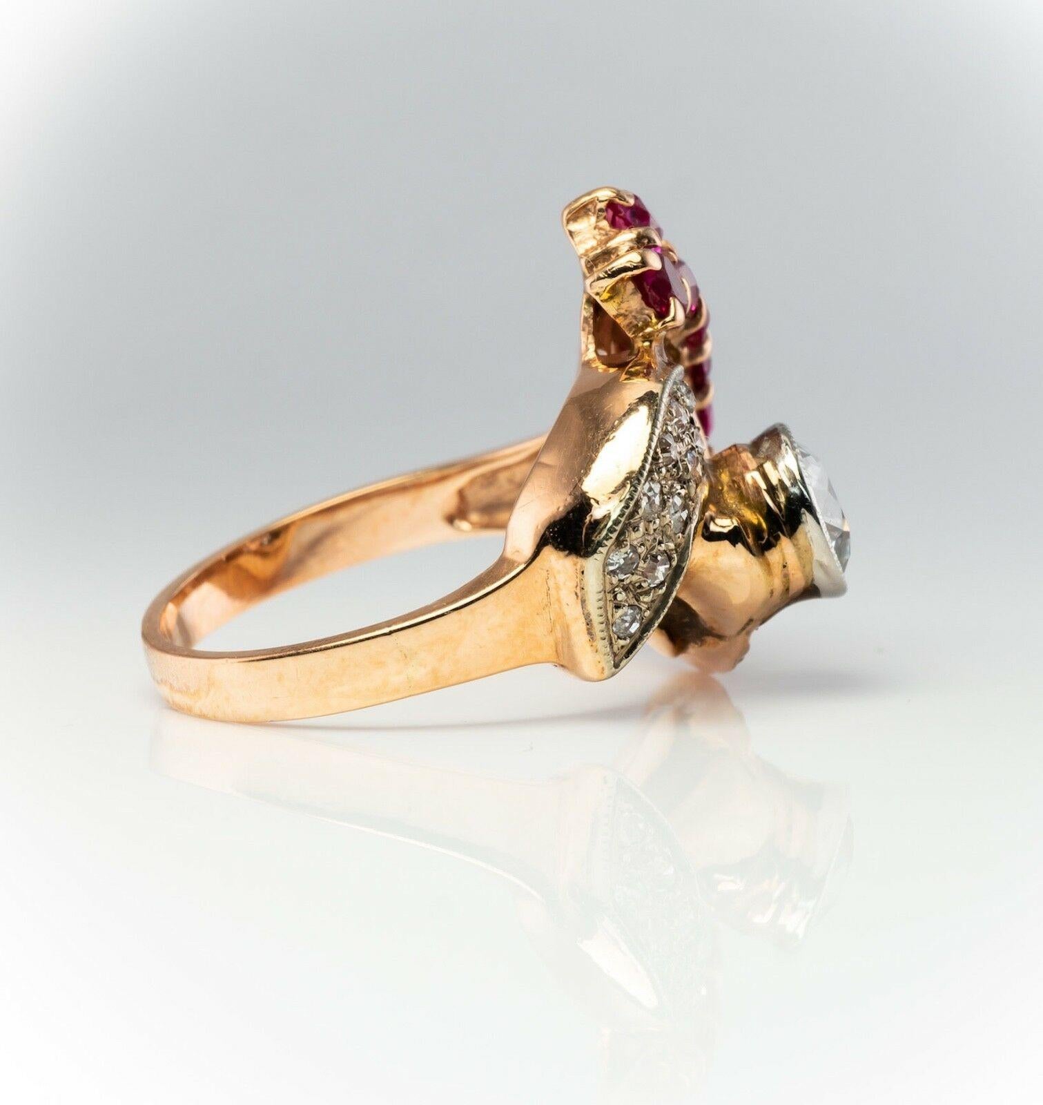 Bague cocktail rétro en or rose 14 carats avec diamants et rubis en forme de spirale, taille vieille mine en vente 3