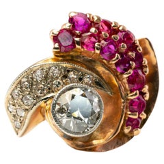Diamond Ruby Ring 14K Rose Gold Spiral Cocktail Retro Old Mine cut