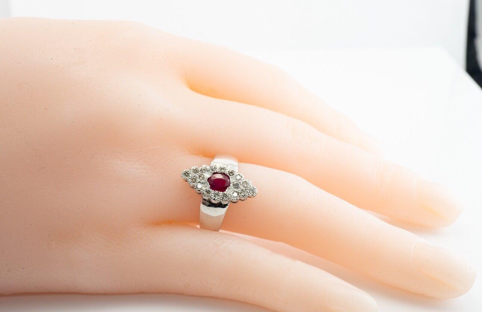 Diamond Ruby Ring 14K White Gold Band Vintage Floral For Sale 4