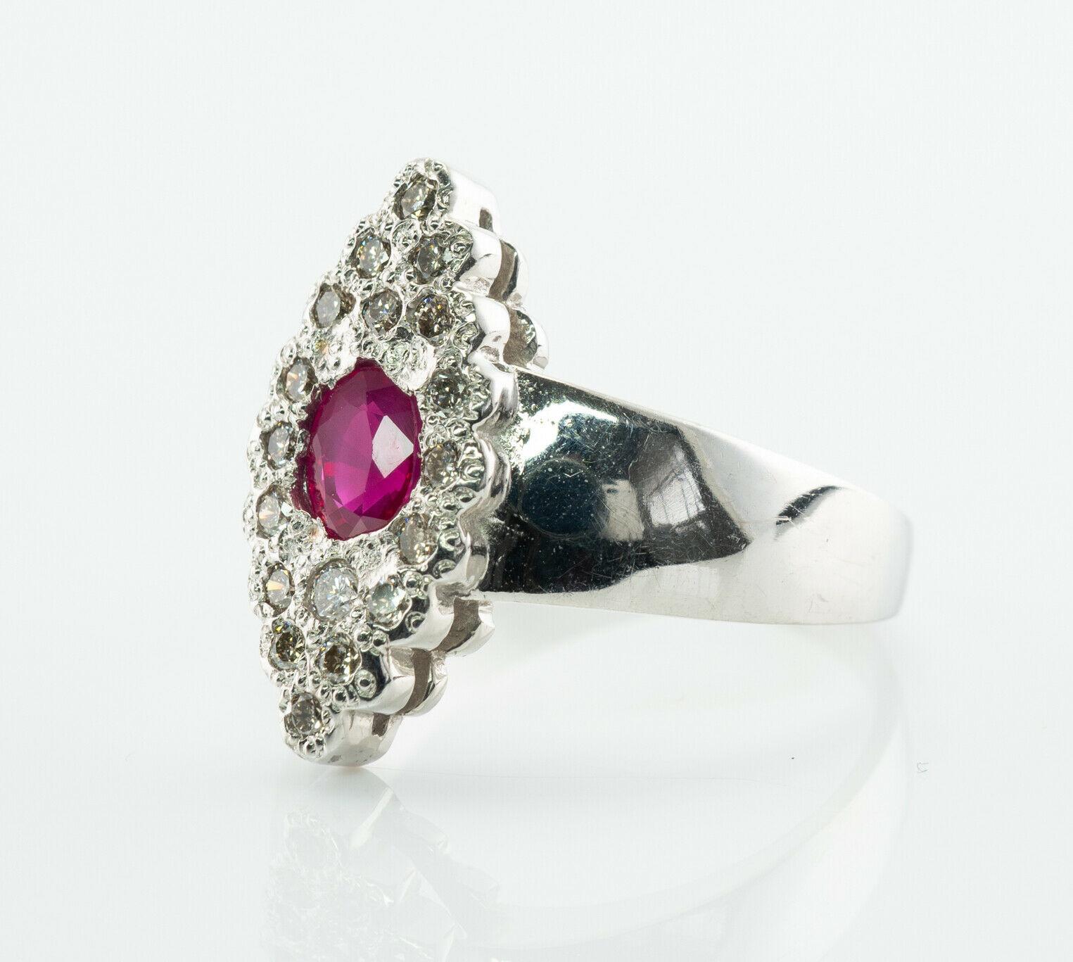 Diamond Ruby Ring 14K White Gold Band Vintage Floral In Good Condition For Sale In East Brunswick, NJ