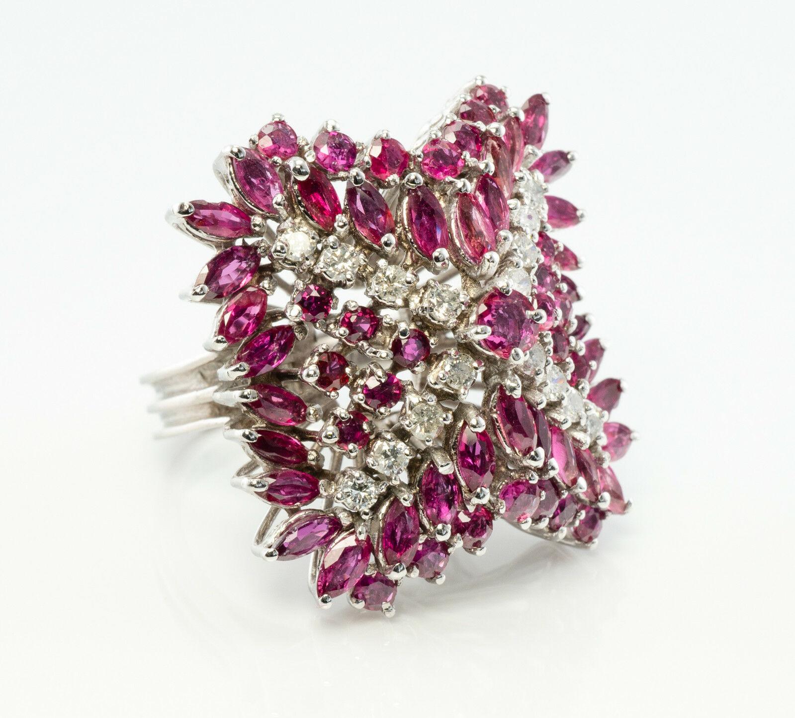 Diamant-Rubin-Ring 14K Weißgold Vintage By Cocktail (Marquiseschliff) im Angebot