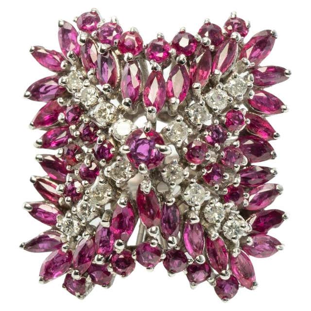Natural Diamond Marquise Ruby Ring 14K Gold Vintage Cocktail For Sale ...