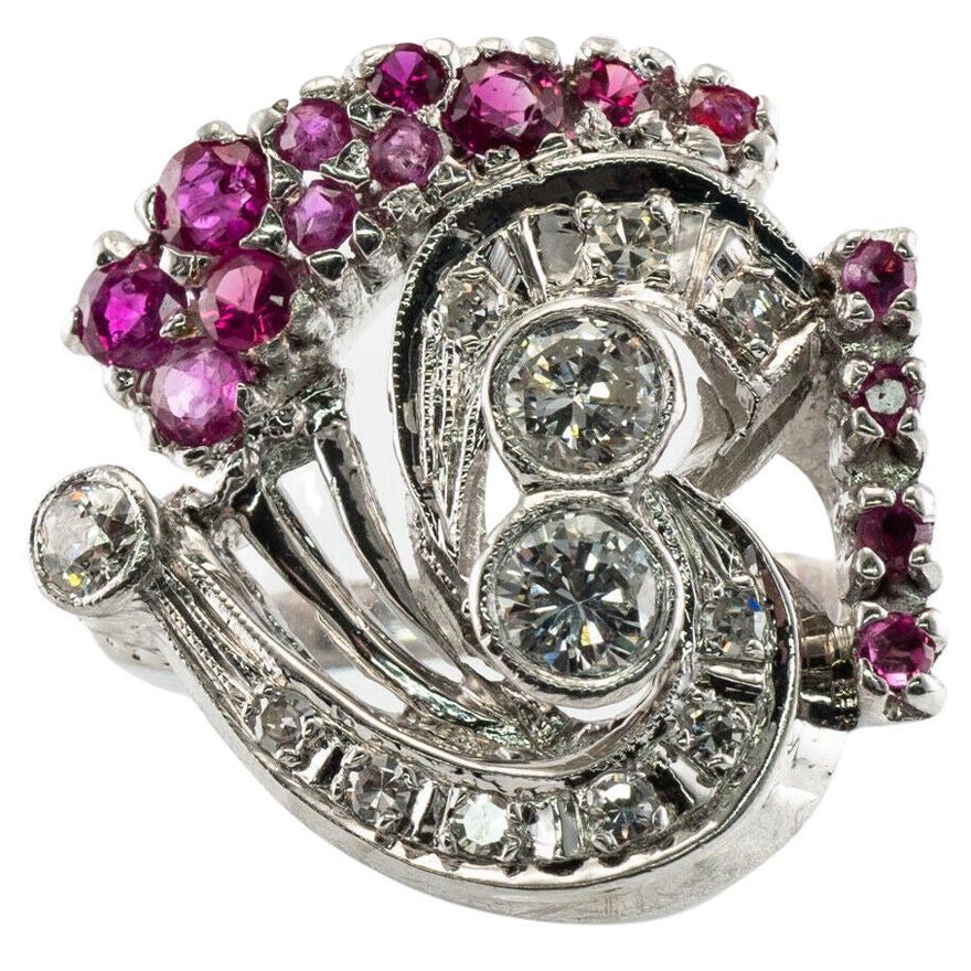 Diamond Ruby Ring 14K White Gold Vintage Estate For Sale