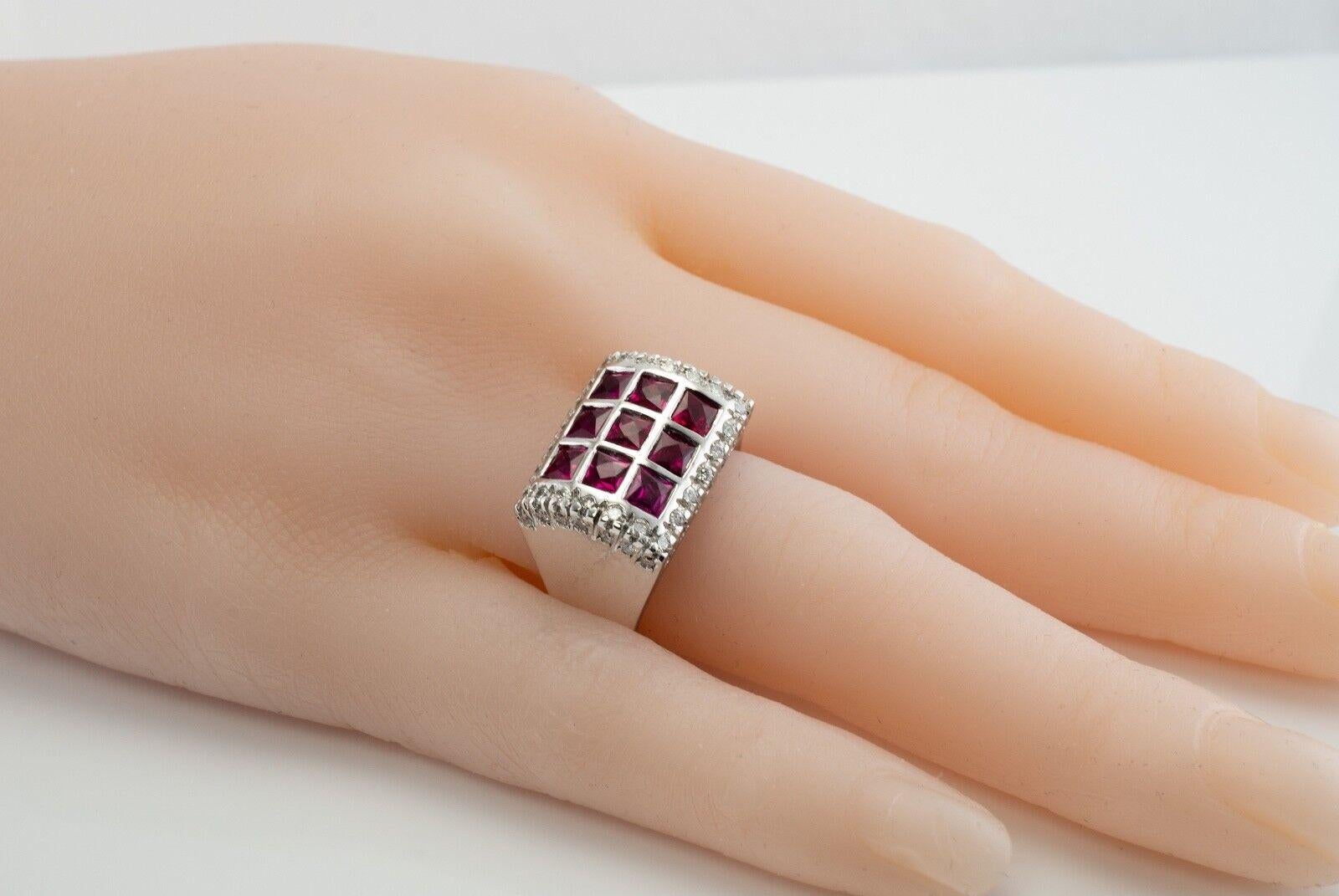 Diamond Ruby Ring 18K White Gold Band Geometric For Sale 6