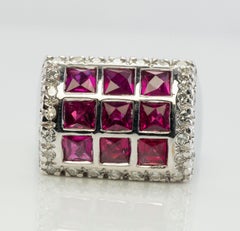 Diamond Ruby Ring 18K White Gold Band Geometric