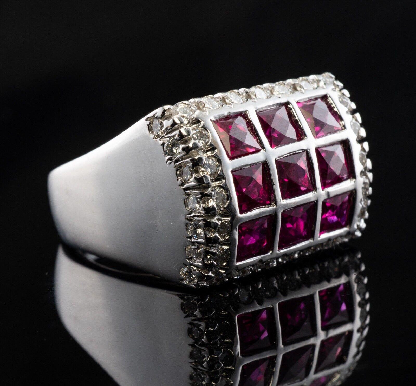 Princess Cut Diamond Ruby Ring 18K White Gold Band Geometric For Sale