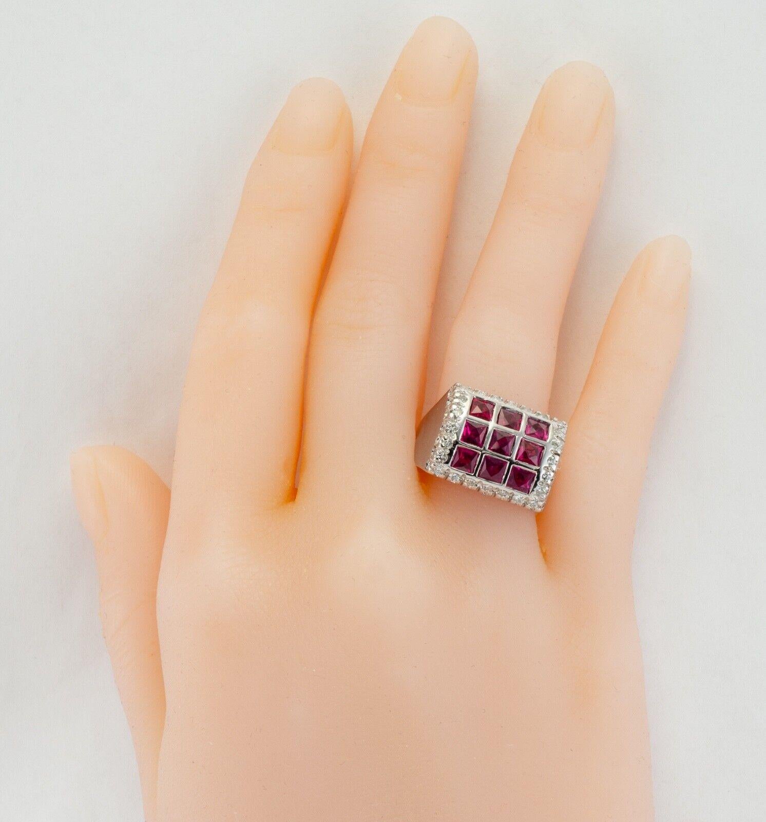 Diamond Ruby Ring 18K White Gold Band Geometric In Good Condition For Sale In East Brunswick, NJ
