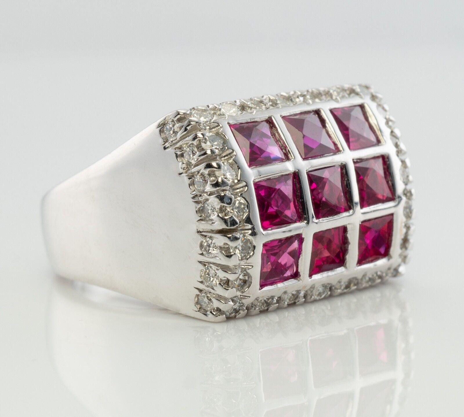 Women's or Men's Diamond Ruby Ring 18K White Gold Band Geometric For Sale